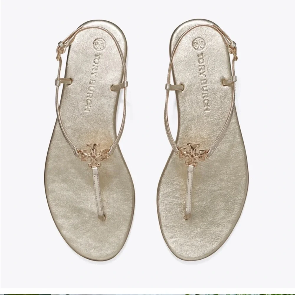 TORY BURCH Capri Strap Sandal Spark Gold Size 8 T-Strap Thong Metallic Logo